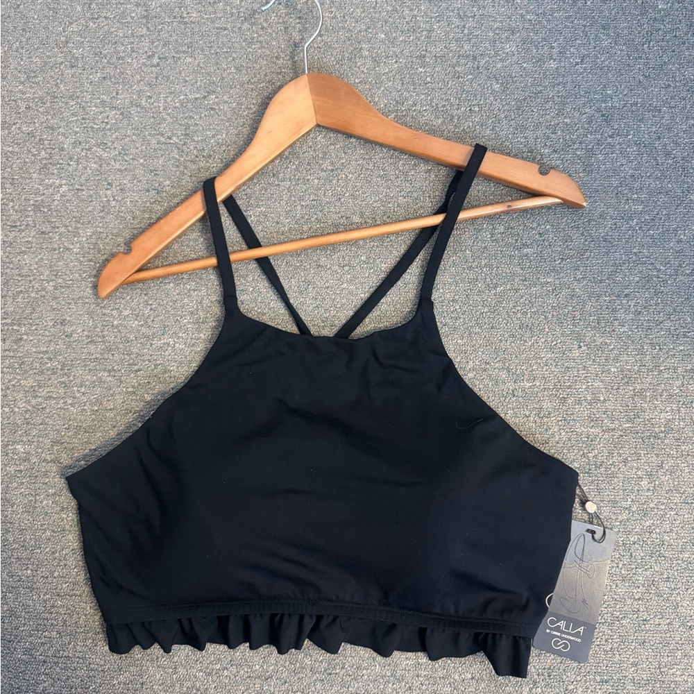 CALIA by Carrie Underwood Black Ruffle High Neck Swim Top